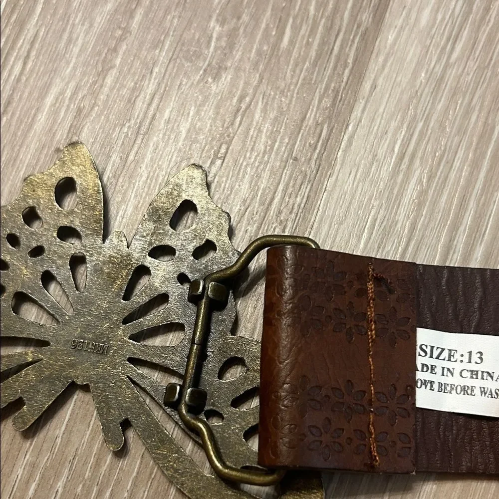 Boho Faux Leather Flower Printed Brown Belt w Bejeweled Brass Butterfly Buckle